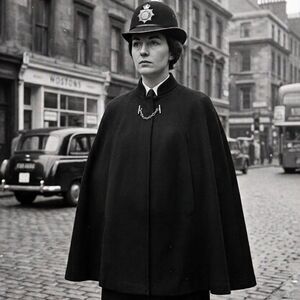 VTG 60s UK Wool Military/Police Cape Womens OSFA Black Cloak Silver Neck Chain